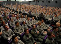 51st Fighter Wing Airmen listen to Gen. Walter L. Sharp, United States Forces Korea commander, during a coining ceremony May 4 at Osan Air Base, Republic of Korea. General Sharp recognized the individuals for outstanding performance during the April 2011 Operational Readiness Inspection. (U.S. Air Force photo/Senior Airman Evelyn Chavez)