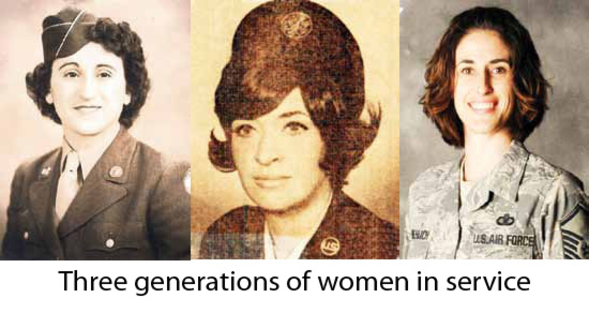 Master Sgt. Laurice Souron (right) is preceded in military service by her mother and grandmother.  Laura Froehlich (center) served in the Air Force.  Phyllis Esposito (left) was in the Women's Army Corps.  Sergeant Souron is a member of the California Air National Guard's 163rd Reconnaissance Wing.  (Photos courtsey of retired Master Sgt. Larry Froehlich)