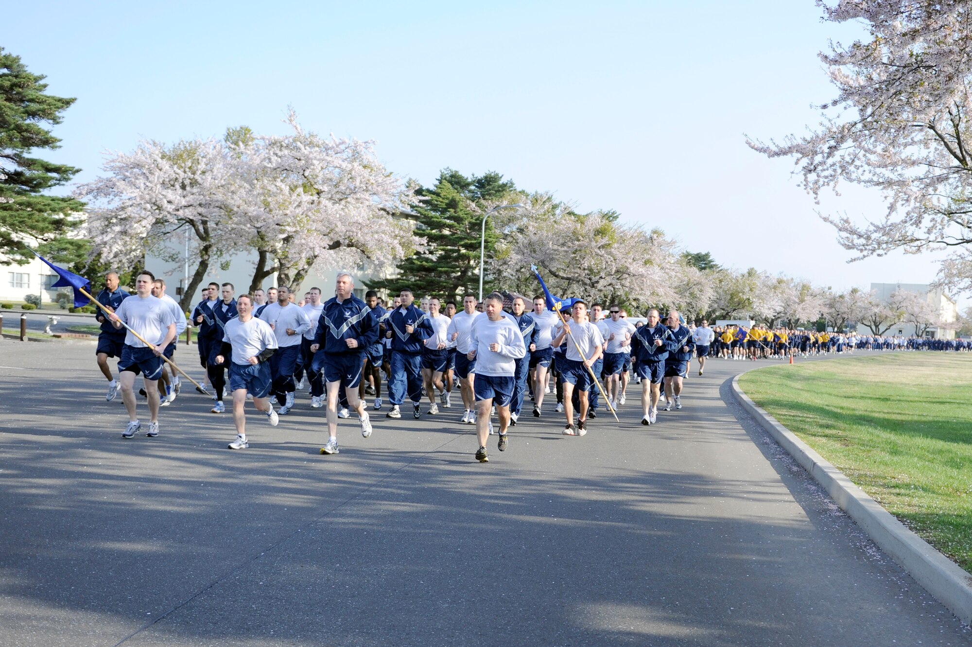 MISAWA AIR BASE, Japan -- 35th Fighter Wing leadership runs side-by-side with Airmen, Soldiers and Sailors during the monthly readiness run May 6. The 35th Medical Group hosted the first readiness run of the year to help promote health and fitness.  (U.S. Air Force photo/Staff Sgt. Marie Brown/Released)