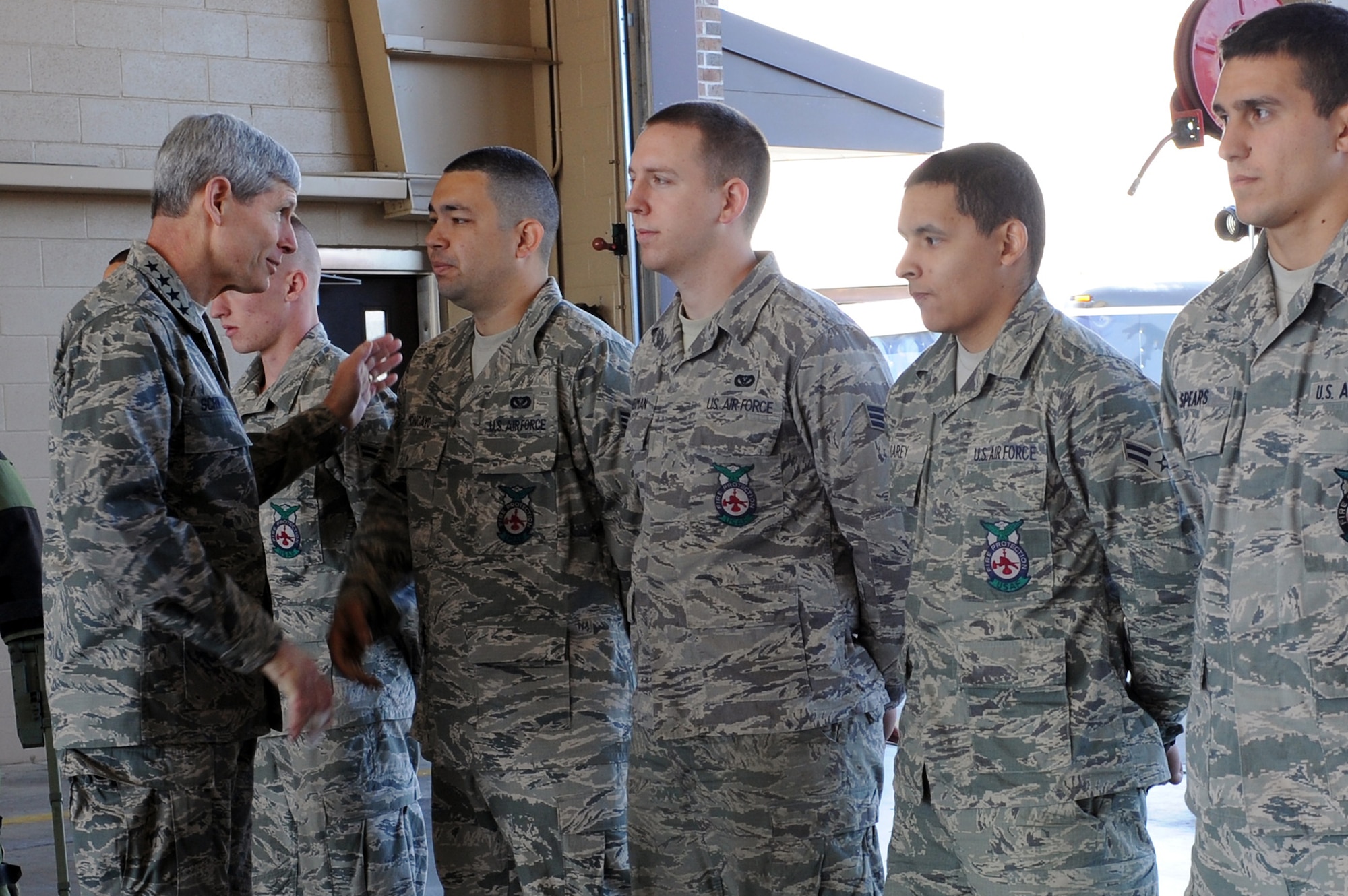 Air Force Chief of Staff Gen. Norton Schwartz meets with 19th Civil Engineer Squadron fire fighters May 4, 2011, at Little Rock Air Force Base, Ark. General Schwartz was previously assigned to Little Rock AFB during his C-130 Hercules initial-qualification training and as a C-130E/H flight examiner. (U.S. Air Force photo/Airman 1st Class Ellora Stewart)