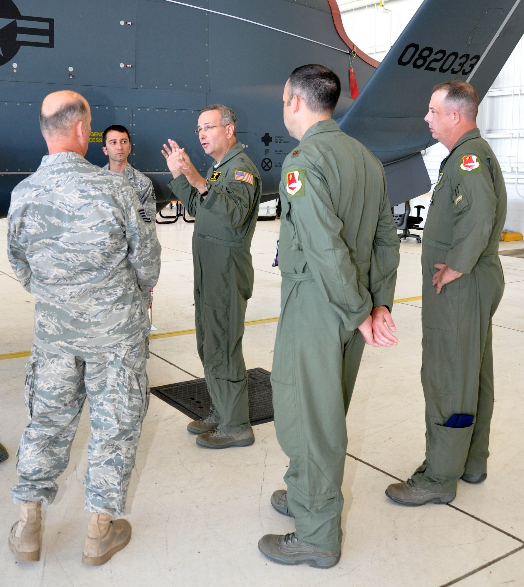 Major Gen. Donald C. Ralph, mobilization assistance to the Commander, U.S. Strategic Command, learns about the in-flight characteristics and maintenance requirements of the RQ-4 Global Hawk at Beale Air Force Base, Calif., May 4. General Ralph visited the 940th Wing to experience how Air Force Reservists play a critical role in the Intelligence, Surveillance and Reconnaissance mission at Beale. He visited several squadrons on Beale were Reservists and active duty airmen work side-by-side exemplifying the Air Force’s Total Force initiative. (U.S. Air Force photo/ Tech. Sgt. Luke Johnson)