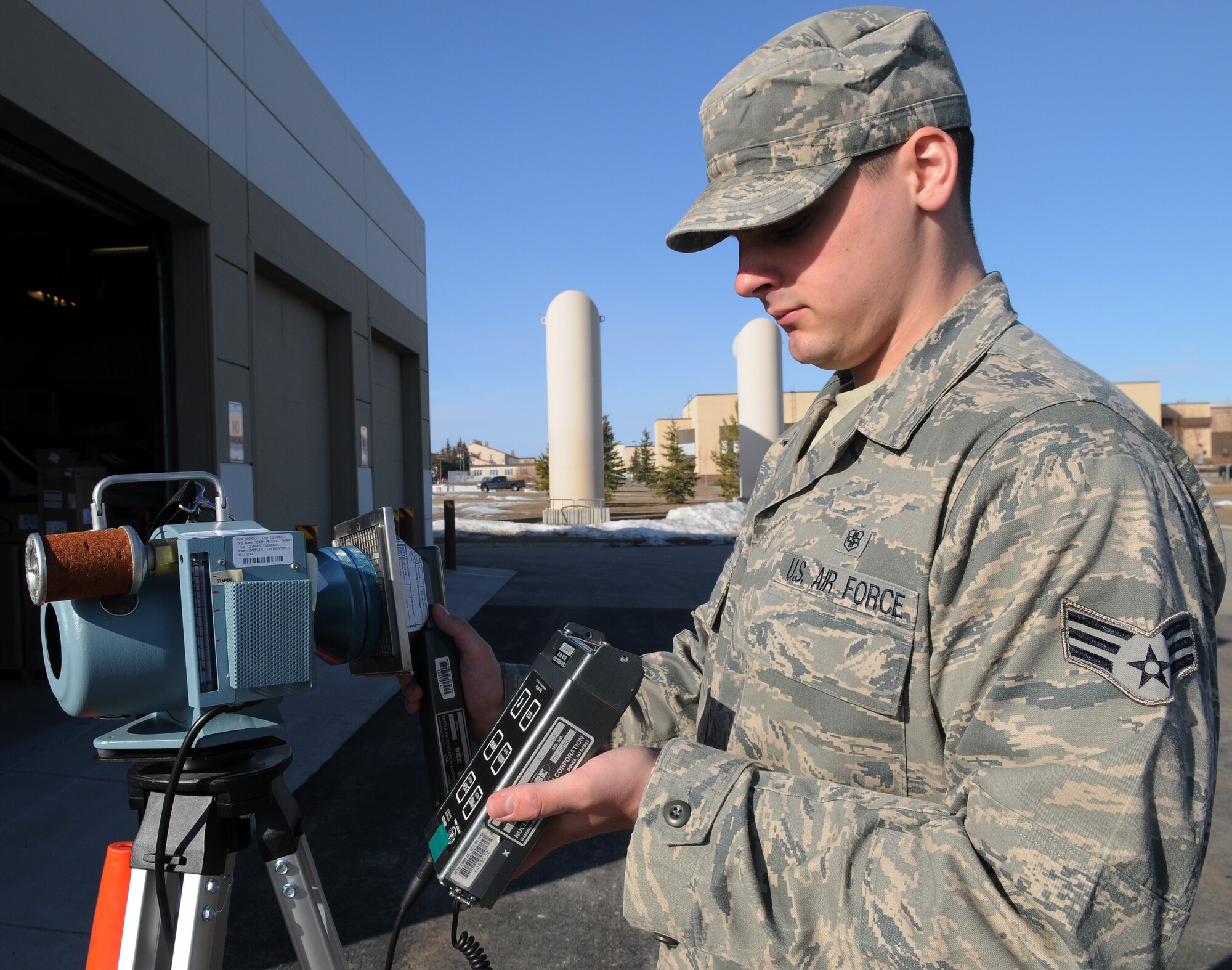Senior Airman Samuel Bergh tests a piece of equipment to ensure it works properly April 25, 2011, Eielson Air Force Base, Alaska. Bioenvironmental engineer Airmen conduct inspections of equipment routinely to ensure each piece of equipment performs to Air Force standards. Airman Bergh is assigned to the 354th Medical Operations Squadron Bioenvironmental Engineering section. (U.S. Air Force photo/Senior Airman Rachelle Coleman)