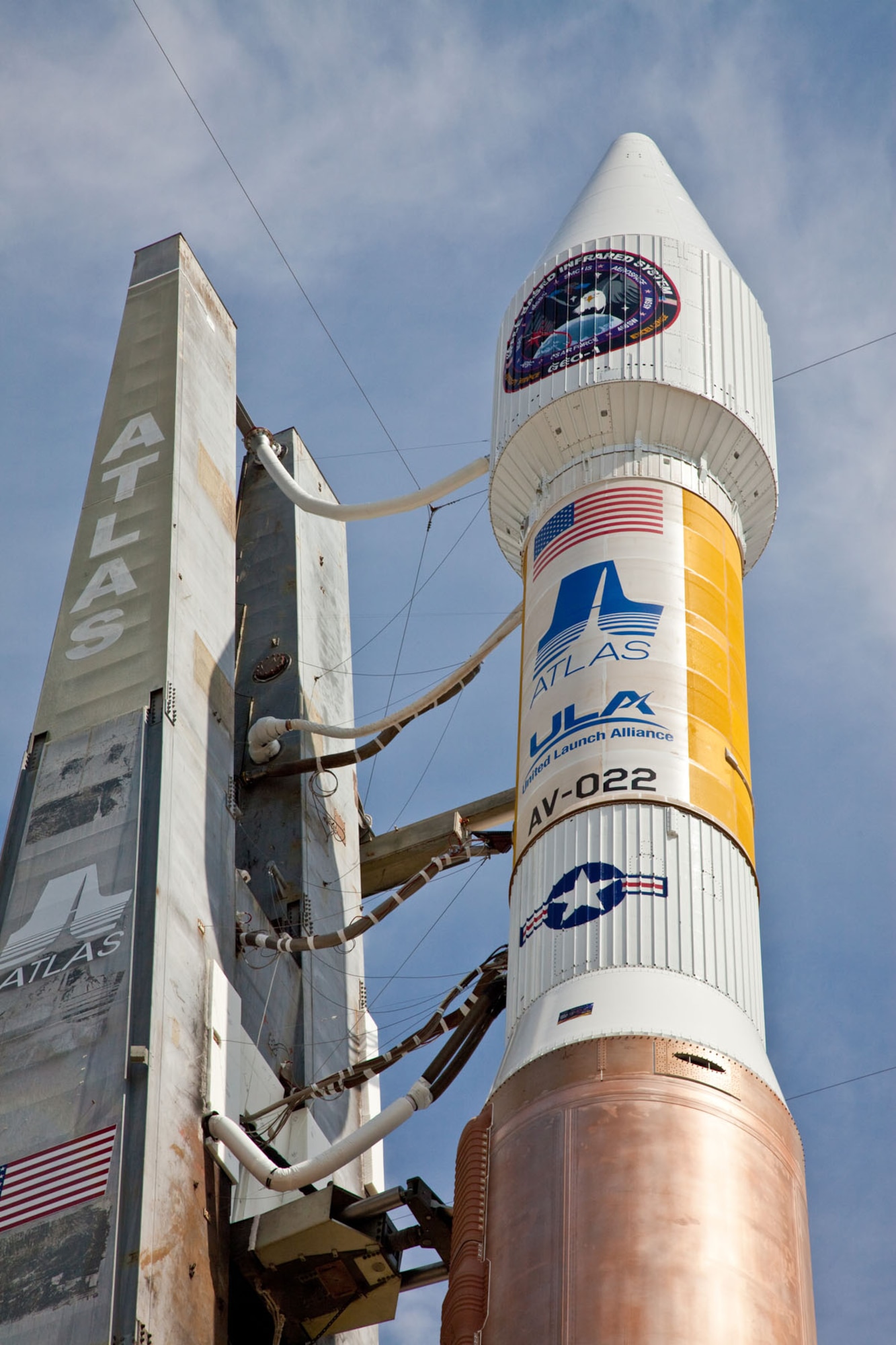 Cape Canaveral AFS, Fla. (May 5, 2011) -  A United Launch Alliance Atlas V rocket with the Air Force's Space Based Infrared Systems (SBIRS) spacecraft rolls out to its Space Launch Complex-41 launch pad arriving at 11 a.m. EDT today.  SBIRS is designed to provide global, persistent, infrared surveillance capability to meet 21st century demands in mission areas including missile warning, missile defense, technical intelligence and battlespace awareness. The launch of the SBIRS mission is set for Friday, May 6 with the launch period opening at 2:14 p.m. EDT. (Courtesy  Photo by Pat Corkery, United Launch Alliance.)