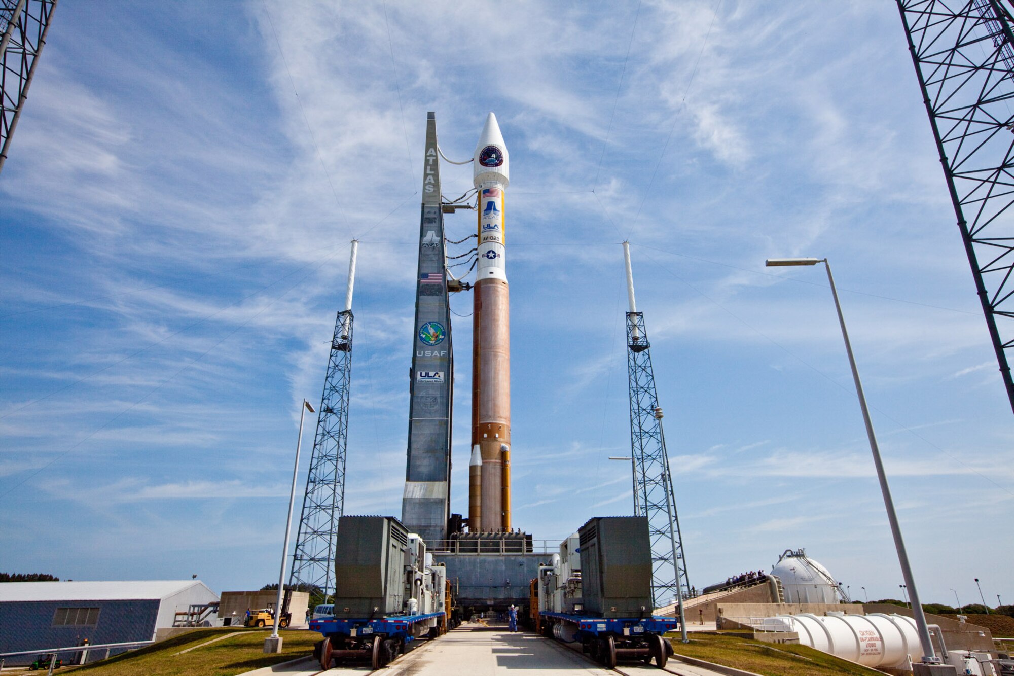 Cape Canaveral AFS, Fla. (May 5, 2011) -  A United Launch Alliance Atlas V rocket with the Air Force's Space Based Infrared Systems (SBIRS) spacecraft rolls out to its Space Launch Complex-41 launch pad arriving at 11 a.m. EDT today.  SBIRS is designed to provide global, persistent, infrared surveillance capability to meet 21st century demands in mission areas including missile warning, missile defense, technical intelligence and battlespace awareness. The launch of the SBIRS mission is set for Friday, May 6 with the launch period opening at 2:14 p.m. EDT. (Courtesy  Photo by Pat Corkery, United Launch Alliance.)