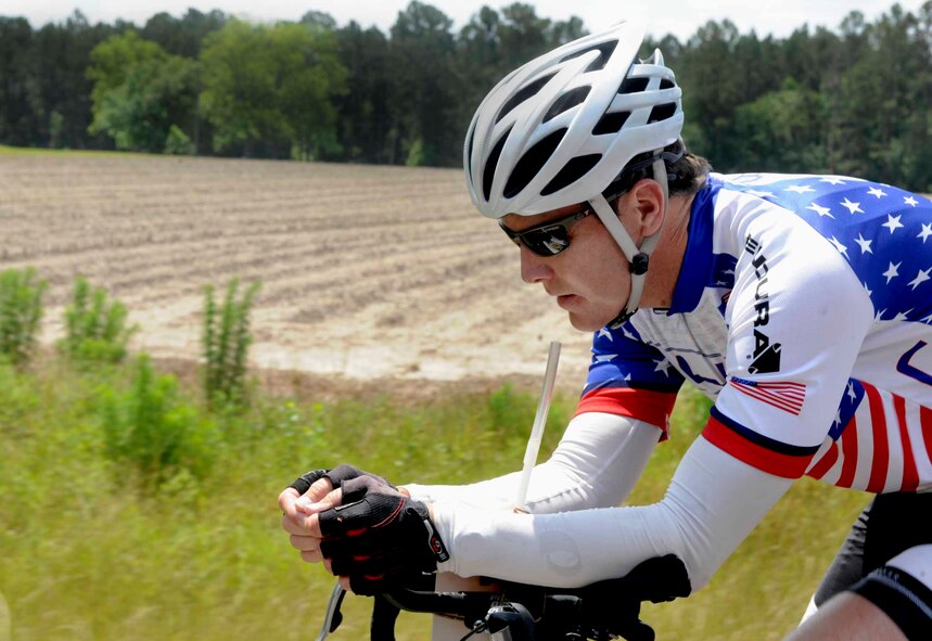 HAHIRA, Ga.-- Jason Rogers, Air Force veteran, continues his bicycle journey from San Diego to Waycross, Ga., May 2. Mr. Rogers traveled 2,500 miles on his trip to raise money for the Wounded Warrior program. (U.S. Air Force photo/Airman 1st Class Benjamin Wiseman)(RELEASED)