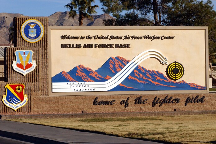 Nellis Air Force Base front entry welcoming sign. (U.S. Air Force photo)