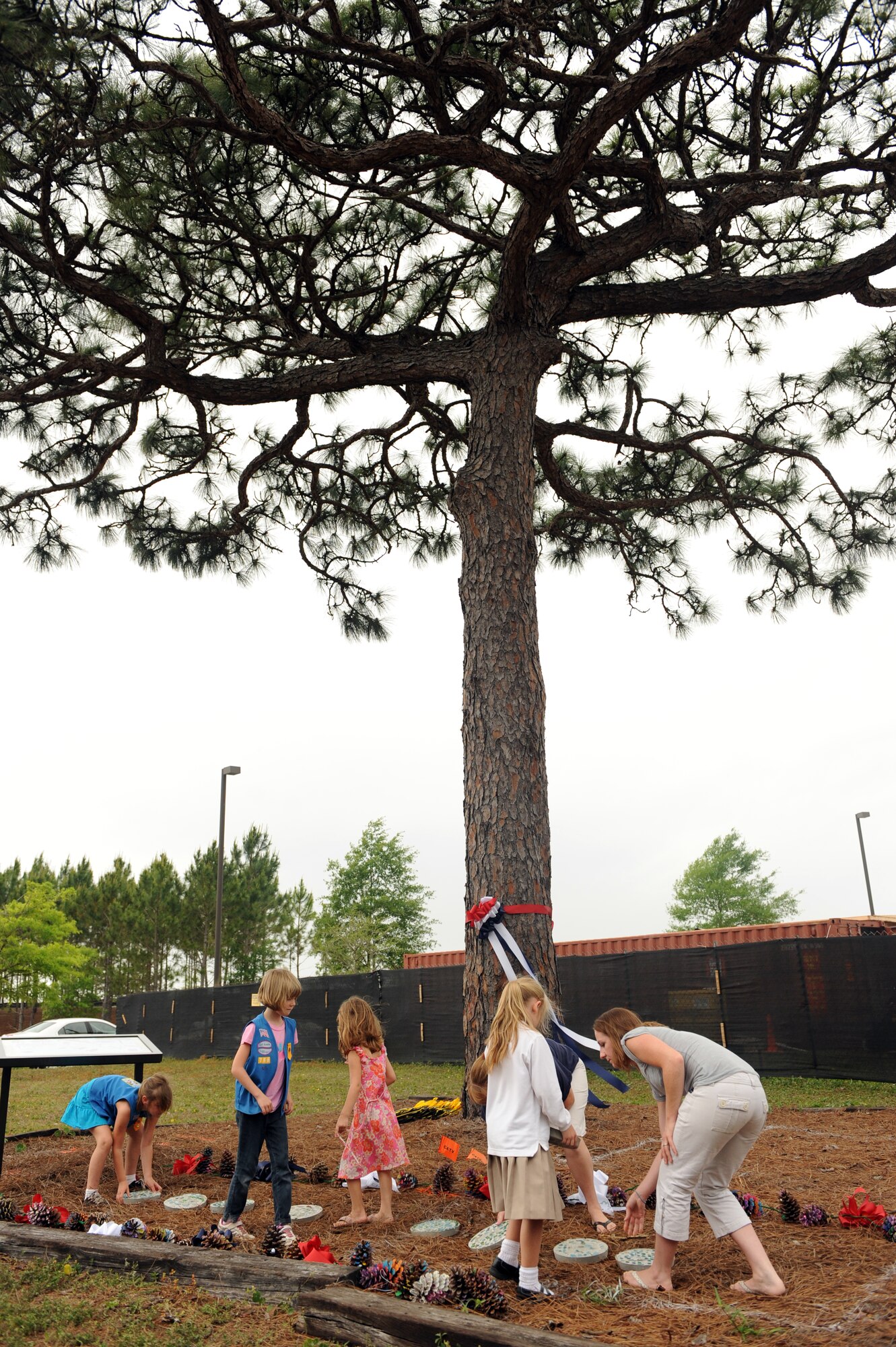 Members of Girl Scout Troop 786 lay stepping stones by the newly dedicated tree named “Long Needles” at the annual Arbor Day celebration, Hurlburt Field, Fla., April 27, 2011. Arbor Day encourages the planting, care and preservation of trees.This year, Hurlburt Field dedicated a 375 year-old Longleaf Pine tree located at the intersection near the base clinic. (U.S. Air Force photo by Airman 1st Class Caitlin O’Neil-McKeown/Released)

