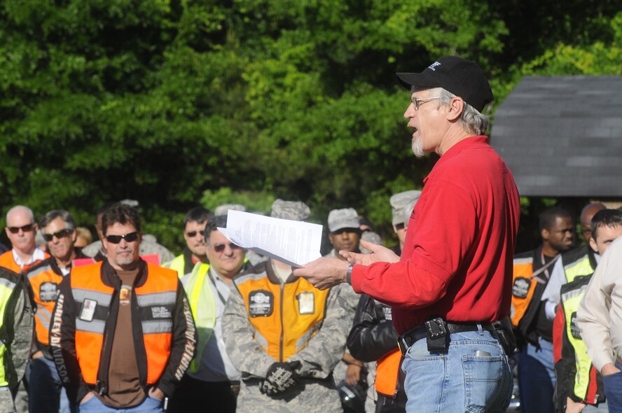 Donn Johnson gives a safety briefing before the start of the 3rd annual See Me, Save Me ride April 29. Approximately 425 riders participated in the motorcycle ride to raise awareness of their presence on the road. U. S. Air Force photo by Sue Sapp