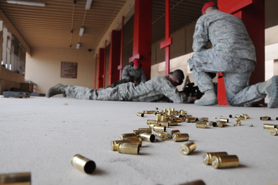 LAUGHLIN AIR FORCE BASE, Texas – Chief Master Sgt. Michael King, 47th Mission Support Group superintendent, participates in a weapon qualifications course held at Laughlin’s firing range May 4. (U.S. Air Force photo by Senior Airman Scott Saldukas)