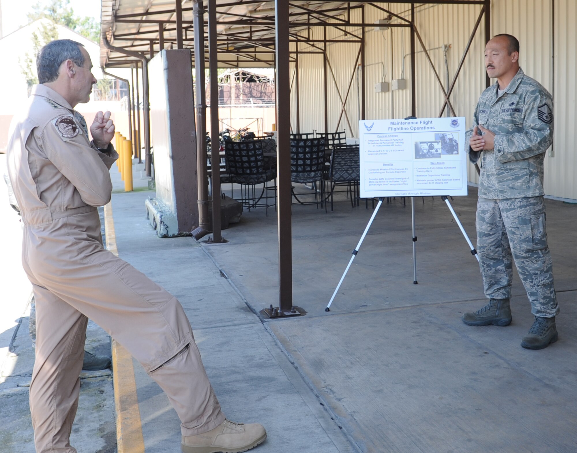 Master Sgt. Kimle Arcand, from the 728th Air Mobility Squadron, briefs Gen. Raymond E. Johns Jr., the commander of Air Mobility Command, on the flight line operations by the maintenance flight March 26, 2011, at Incirlik Air Base, Turkey.  General Johns visited the base to learn more about how AMC Airmen are supporting the U.S. Air Forces in Europe mission. (U.S. Air Force photo by Airman 1st Class Clayton Lenhardt)