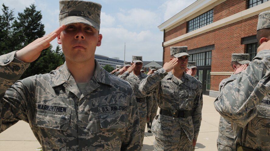 Airman Dustin Warkenthien, U.S. Air Force Honor Guard trainee, participates in an inspection May 3 at Joint Base Anacostia-Bolling, Washington, D.C. The USAF Honor Guard trainees are inspected regularly for dress and appearance standards and evaluated weekly. (U.S. Air Force photos by Senior Airman Christopher Ruano)
