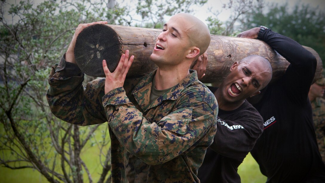 Lance Cpl. Adriel Fernandez, a 22-year-old officer candidate and Noel Stitt, 28, work together to lift a six foot log over the last section of an obstacle course May 6, 2011. More than a dozen Floridians are working toward the prestige of Marine officer – an individual achievement reached only through team work.  As part of their preparation, officer candidates are put through stressful and physically demanding test long before entering officer candidate school.