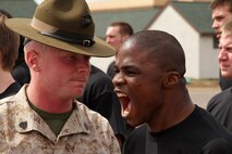 Matthew J. Soderstrom, a 19-year-old senior at Rosemount High School, responds to a question from drill instructor Sgt. Bryce E. Torrence during the Recruiting Station twin Cities mini boot camp May 6. Soderstrom was recruited out of the Burnsville, Minn., office by Gunnery Sgt. Joseph R. Sutter. For additional imagery from the event, visit www.facebook.com/rstwincities.