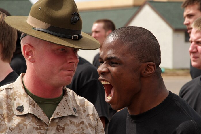Matthew J. Soderstrom, a 19-year-old senior at Rosemount High School, responds to a question from drill instructor Sgt. Bryce E. Torrence during the Recruiting Station twin Cities mini boot camp May 6. Soderstrom was recruited out of the Burnsville, Minn., office by Gunnery Sgt. Joseph R. Sutter. For additional imagery from the event, visit www.facebook.com/rstwincities.