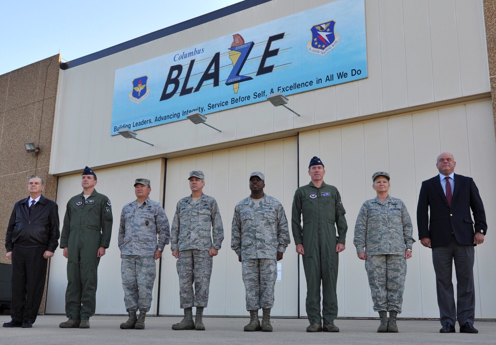 Team BLAZE senior leadership stand together in front of the BLAZE Hanger May 4 in support of the 14th Flying Training Wing’s new  number one priority: Back-2-BLAZE. “BLAZE” stands for Building Leaders, Advancing Integrity, Service before self, and Excellence in all we do. (U.S. Air Force photo/Airman 1st Class Chase Hedrick).