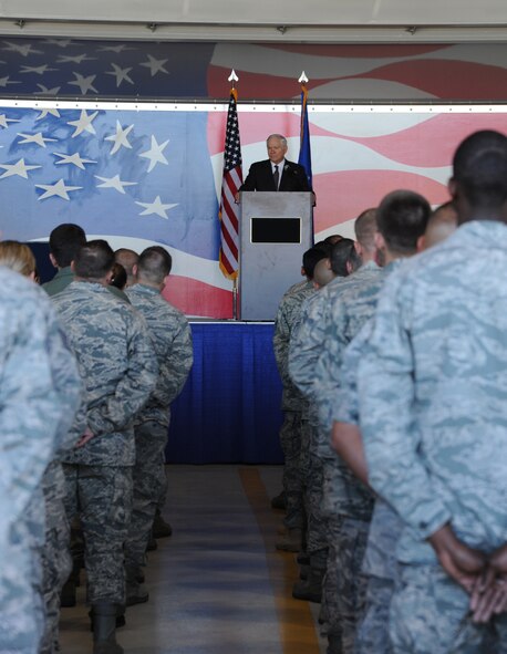 SEYMOUR JOHNSON AIR FORCE BASE, N.C. -- Team Seymour listens to Secretary of Defense Robert M. Gates here, May 6, 2011. Secretary Gates held a question-and-answer session with Airmen who brought up issues such as the defense budget and whether forces are spread too thin around the globe. Secretary Gates commissioned as a second lieutenant in the U.S. Air Force in 1967 and is a native of Kansas. (U.S. Air Force photo/Senior Airman Whitney Lambert) (RELEASED)
