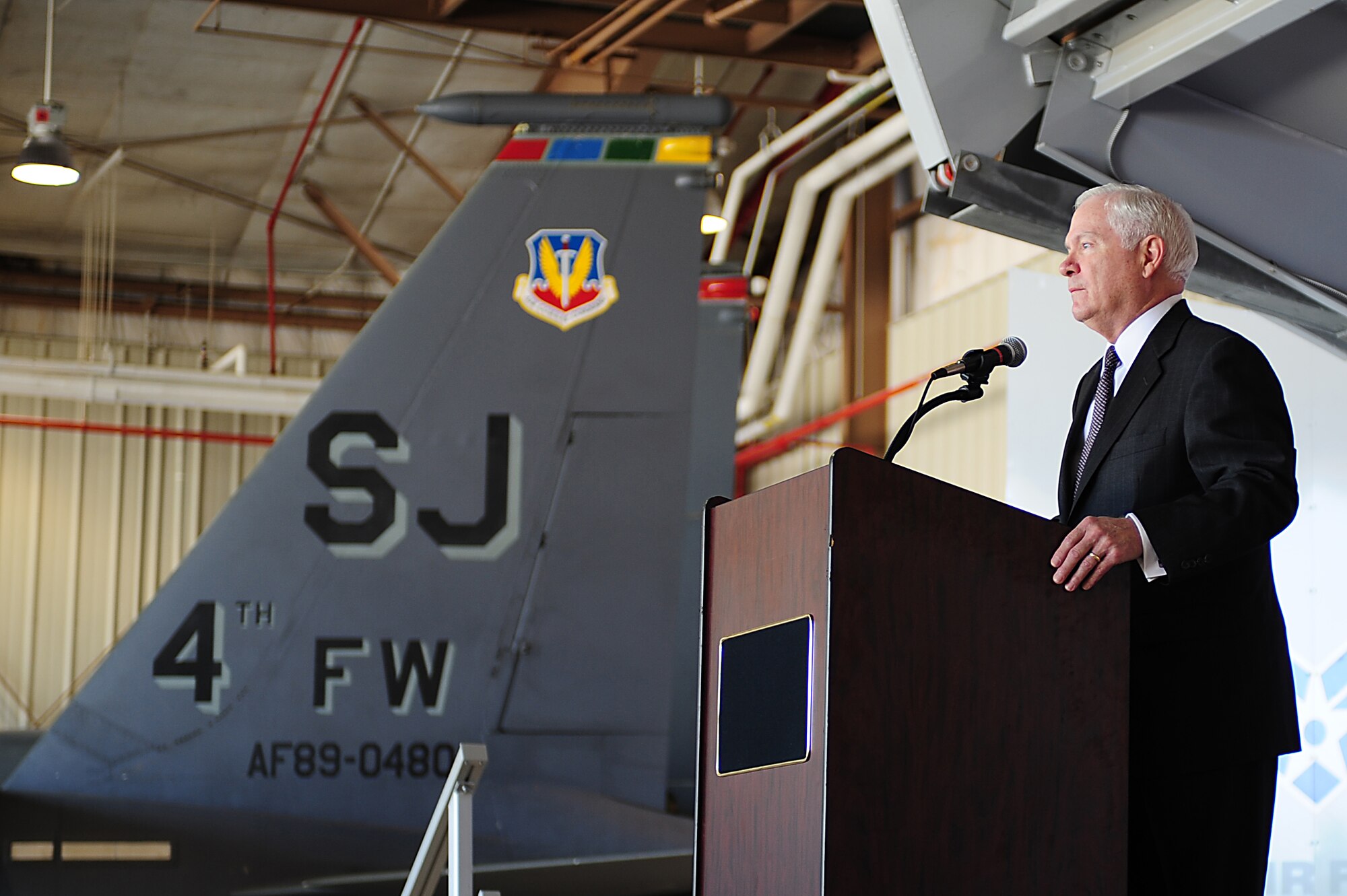 SEYMOUR JOHNSON AIR FORCE BASE, N.C. -- Secretary of Defense Robert M. Gates talks to recent and upcoming deployers from Seymour Johnson Air Force Base, May 6, 2011. Secretary Gates became the defense secretary December 18, 2006, but served for eight presidents in other capacities. While in the Air Force, Secretary Gates served as an intelligence officer at Whiteman Air Force Base, Mo., and is a native of Kansas. (U.S. Air Force photo/Senior Airman Rae Perry)(RELEASED)