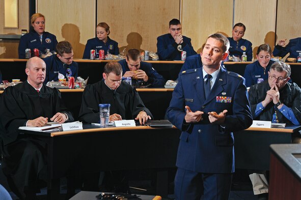 Major Chris Morgan lays the groundwork for a hearing on the case of Snyder v. Phelps at the Academy’s Law Day on Monday. (Photo by Ray McCoy)