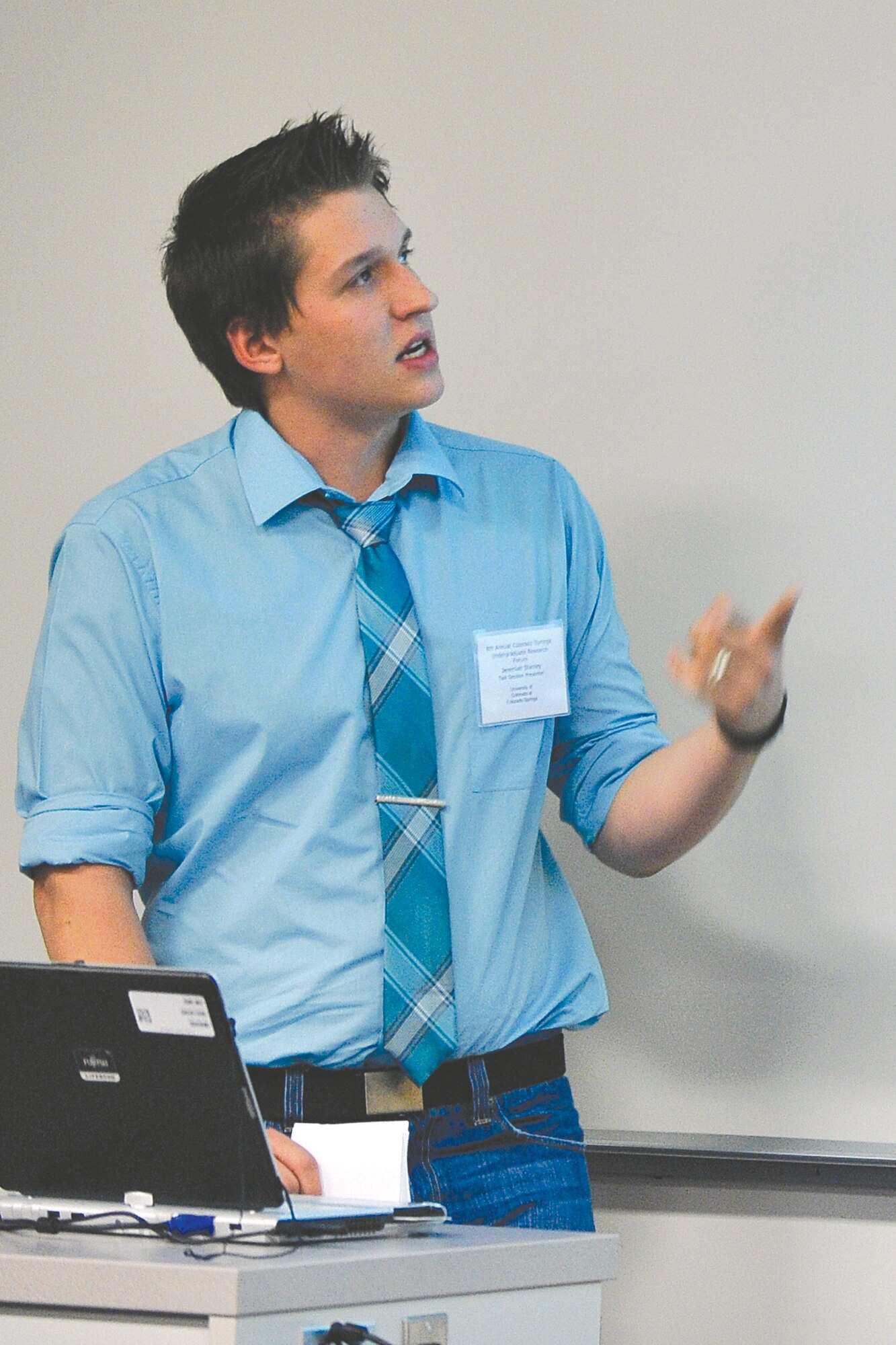 Jeremiah Stanley, a talk-session presenter from the University of Colorado at Colorado Springs, participates in the Colorado Springs Undergraduate Research Forum, held Saturday at the Academy’s Fairchild Hall. (Photo by Mike Kaplan)