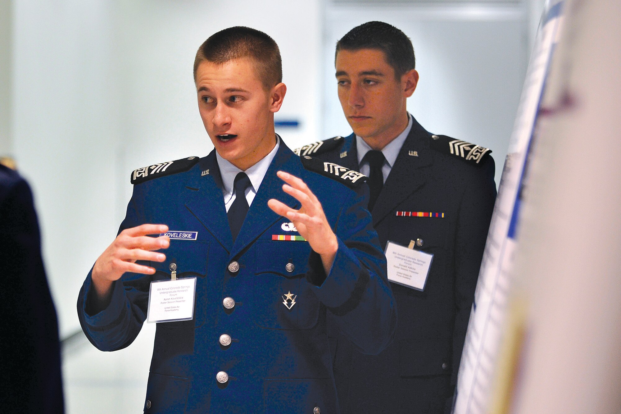 Cadet 2nd Class Aaron Koveleskie was one of more than 300 participants in the eighth annual Colorado Springs Undergraduate Research Forum. Cadets played a leading role in all aspects of the forum, not just the presentation of undergraduate research. (Photo by Mike Kaplan)