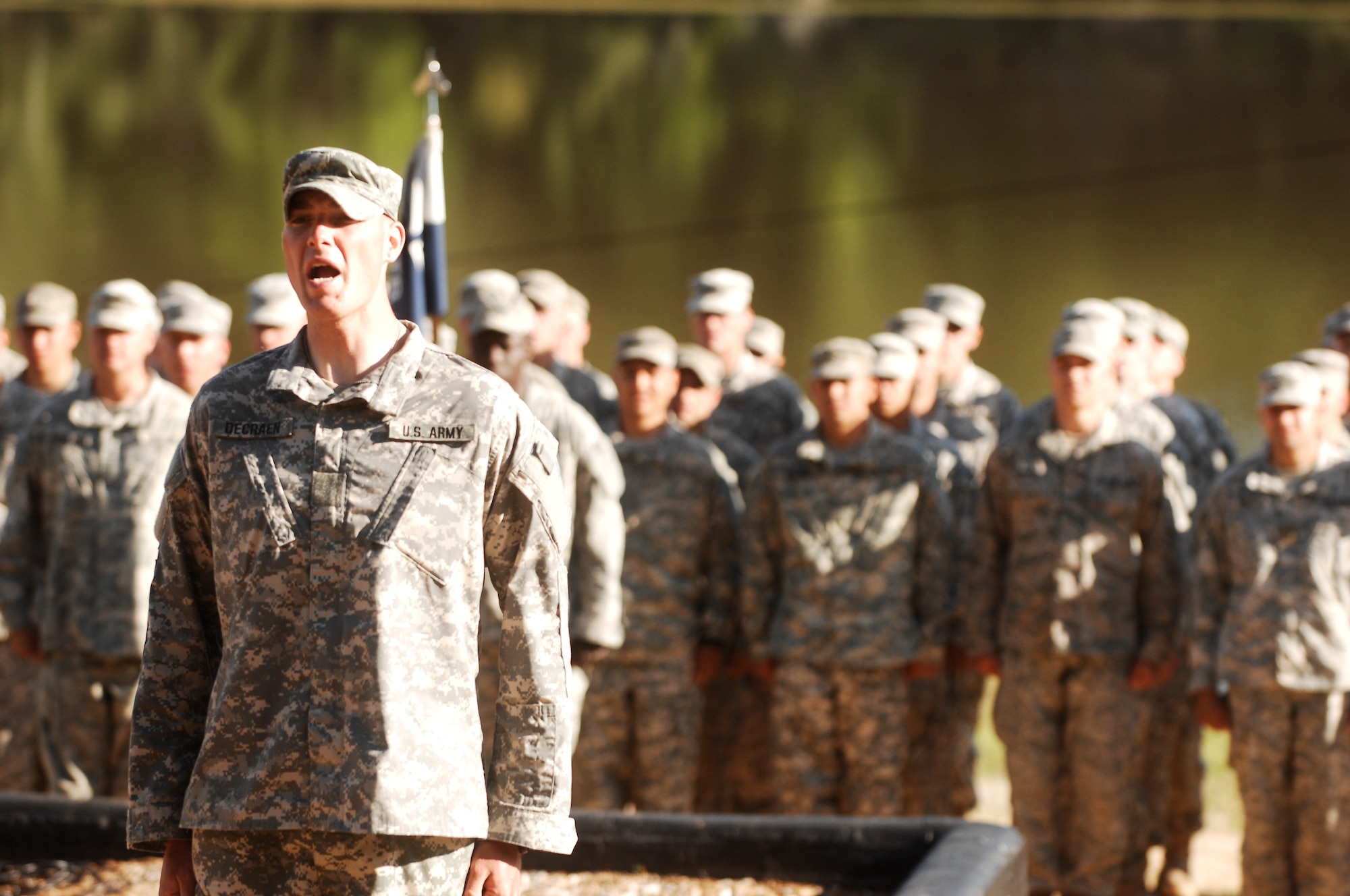 FORT BENNING, Ga.-- A graduate of U.S. Army Ranger School class 5-11 recites the Ranger’s Creed during a rehearsal ceremony April 29. The Ranger school takes specially-selected service members and puts them through a rigorous 61-day course designed to enhance their combat and leadership skills. (U.S. Air Force photo/Airman 1st Class Brigitte N. Brantley-Sisk)(RELEASED) 
