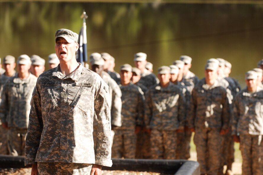 FORT BENNING, Ga. -- A graduate of U.S. Army Ranger School class 5-11 recites the Ranger’s Creed during a rehearsal ceremony at Fort Benning, Ga., April 29. The Ranger school takes specially-selected servicemembers and puts them through a rigorous 61-day course designed to enhance their combat and leadership skills. (U.S. Air Force photo/Airman 1st Class Brigitte N. Brantley-Sisk)