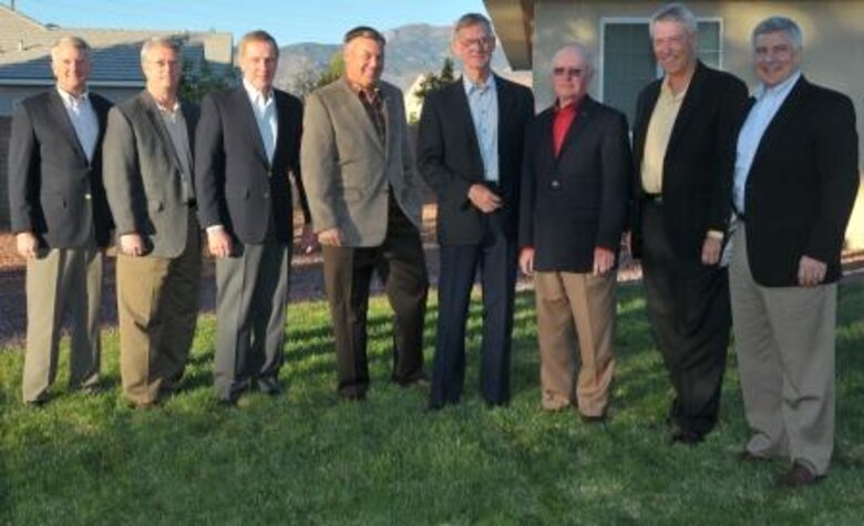 The Air Force Operational Test and Evaluation Center hosted seven former AFOTEC commanders May 3 at AFOTEC’s headquarters at Kirtland Air Force Base, N.M. From left to right: Maj. Gen. David Eichhorn, AFOTEC commander; retired Maj. Gen. Robin Scott (2005-2007); retired Maj. Gen. Michael Hall (1985-1987); Maj. Gen. Stephen Sargeant, (2007-2010); retired Maj. Gen. Peter Robinson (1990-1991); retired Maj. Gen. George Harrison (1993-1997); retired Maj. Gen. Ken Peck (2000-2003); and retired Maj. Gen. Felix Dupré (2003-2005).
