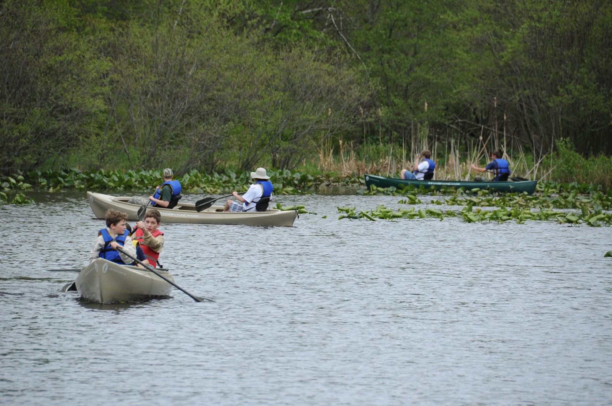 Canoes were out and about on Laurel Pond Saturday in observance of Earth Day at Joint Base McGuire-Dix-Lakehurst. This 6-hour event allowed the joint base community a chance to experience nature at its fullest while learning to how to lessen their negative impact on the environment. (U.S. Air Force photo by Airman 1st Class Bryan Swink/Released)