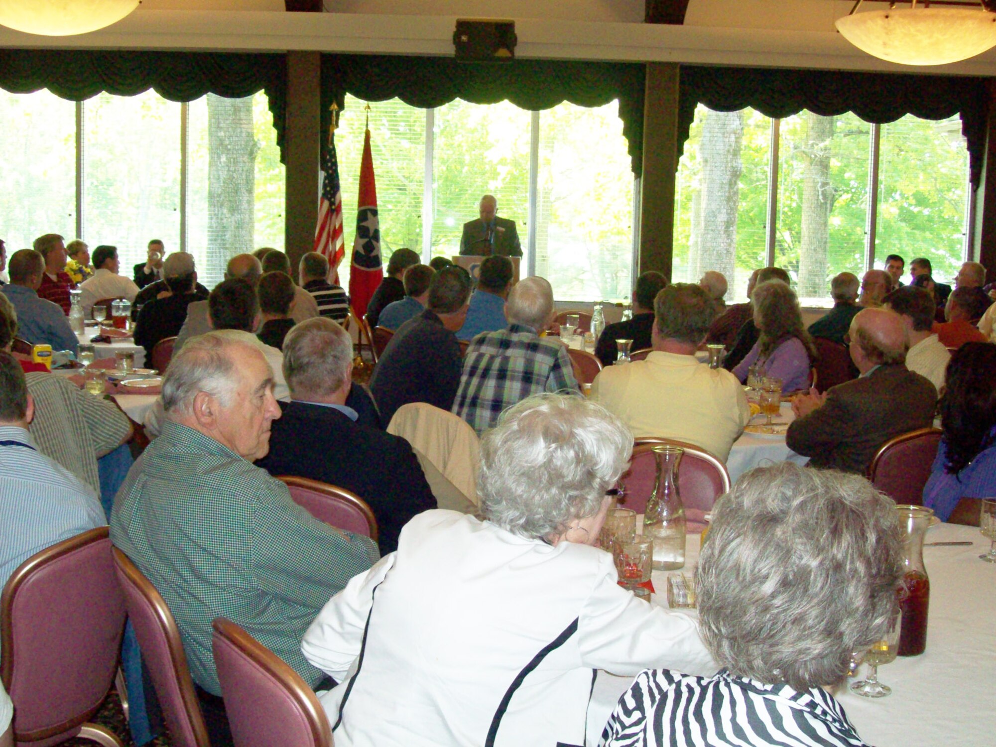 TTU President Dr. Robert Bell addresses a near- capacity crown of alumni May 4 at the ALC. The luncheon set an attendance record for the largest alumni gathering outside the university campus. (Photo by Shawn Jacobs)