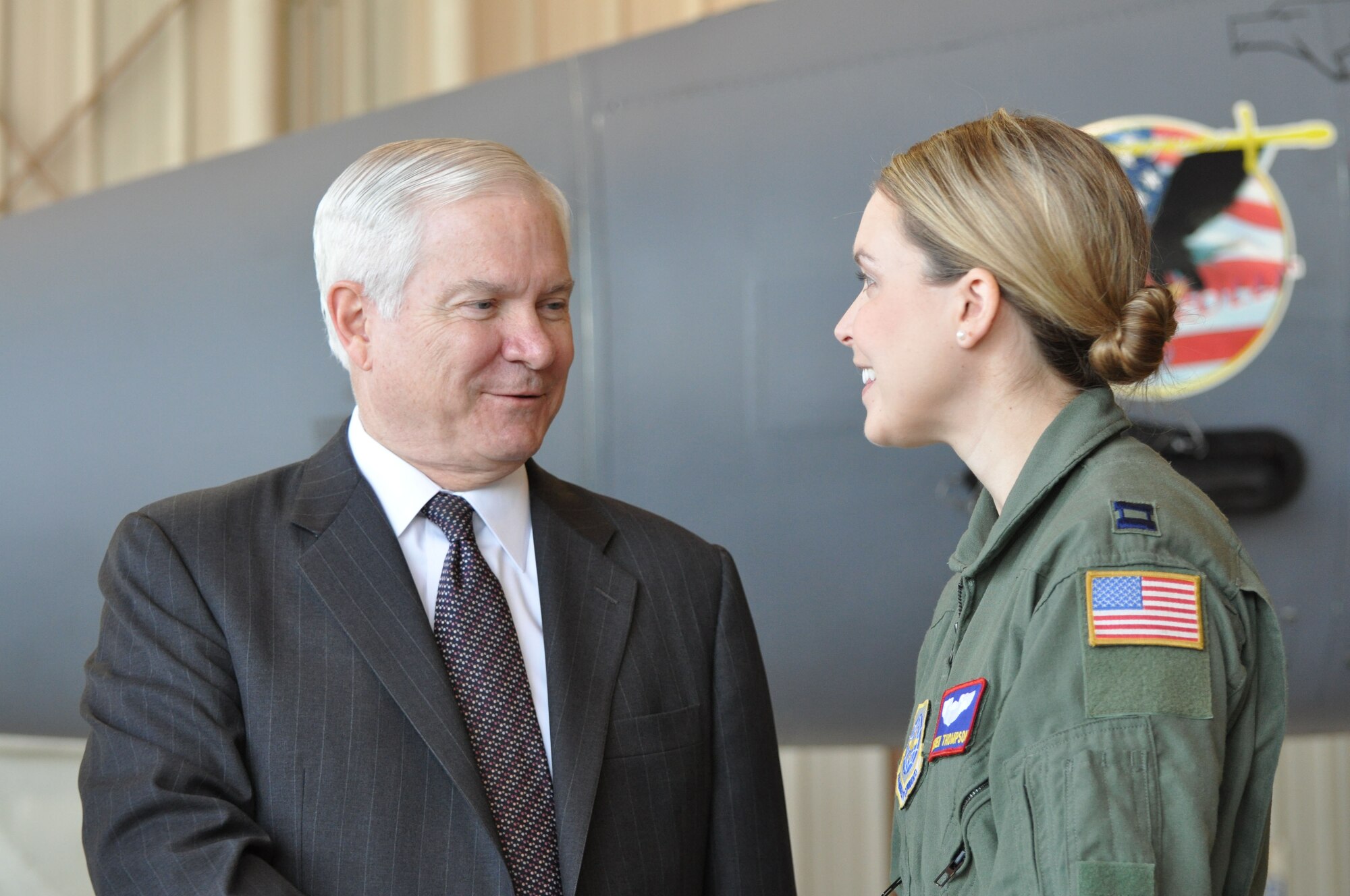 Capt. Carmen Thompson, pilot with the 911th Air Refueling Squadron and 916th executive officer, meets with Secretary of Defense Robert Gates during his visit to Seymour Johnson AFB, N.C. on May 6. (USAF photo by Maj. Shannon Mann, 916ARW/PA)