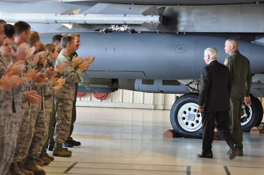Secretary of Defense Robert Gates walks by Col. Patrick Doherty, 4FW commander and Col. Randy Ogden, 916ARW commander, after making remarks to nearly 300 Airmen stationed at Seymour Johnson on May 6. (USAF photo by Maj. Shannon Mann, 916ARW/PA)
