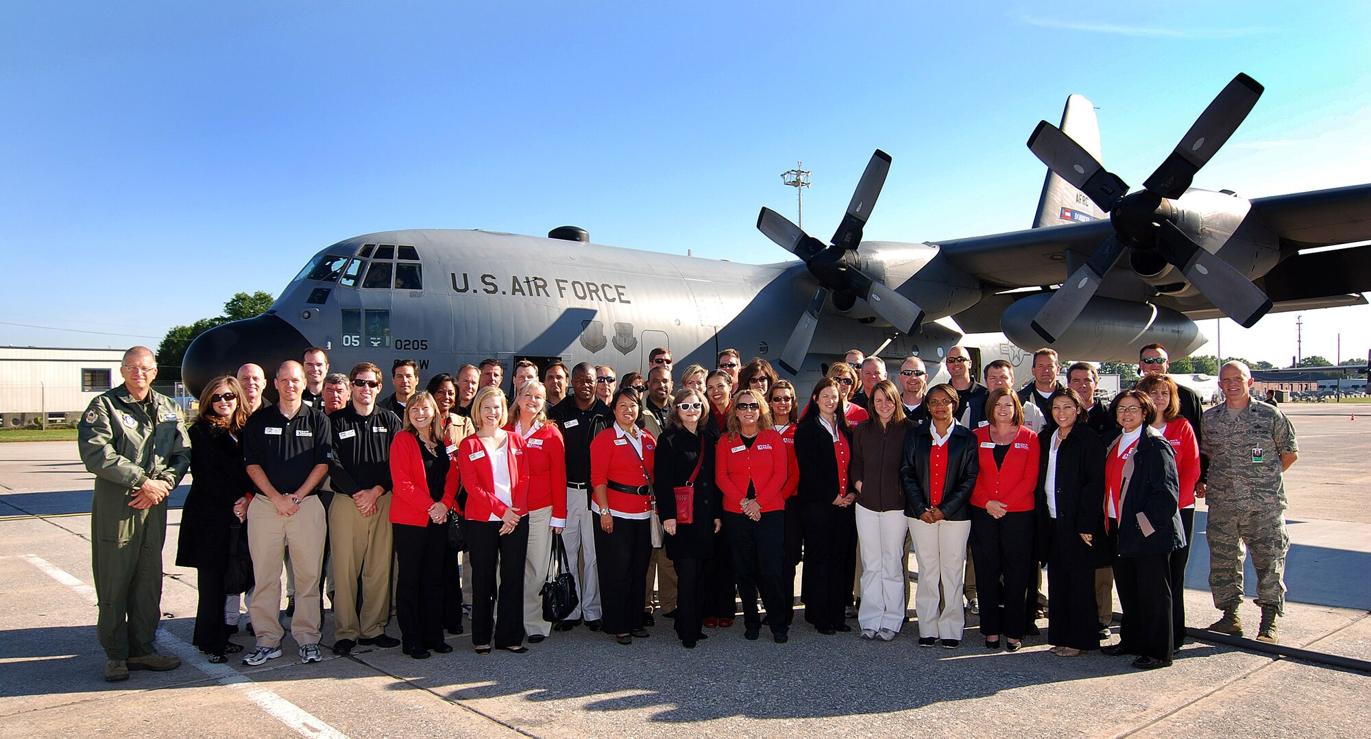 The members of Leadership Cobb pose for a photo prior to their familiarization flight on the C-130H2 Hercules behind them on the Dobbins ramp, May 5.  The flight gave the group the opportunity to see areas northwest of here and into eastern Alabama.  (U.S. Air Force photo/ Brad Fallin)