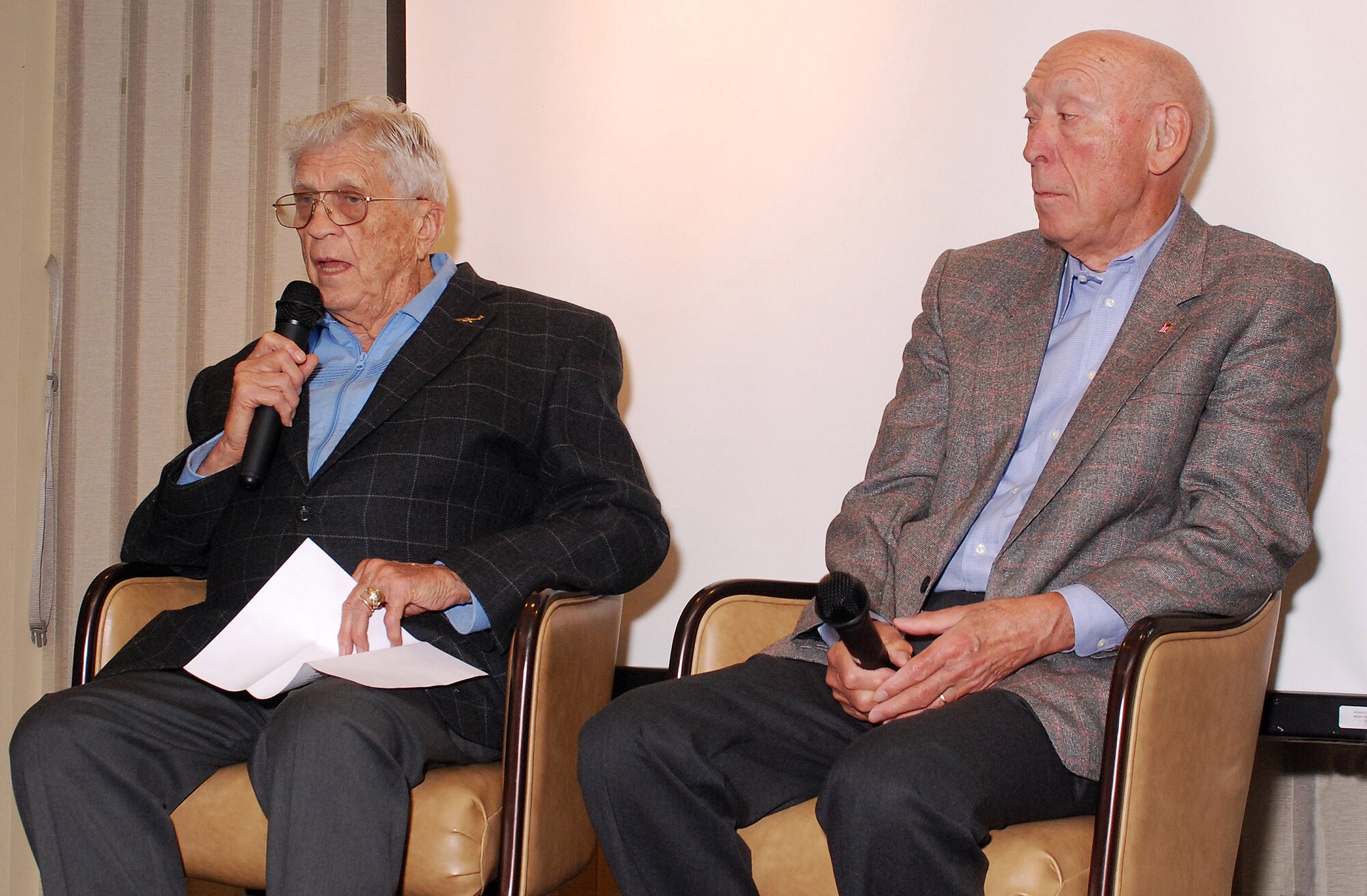 Mr. Bob Ormsby and Mr. Ken Cannestra, past presidents of Lockheed's Marietta division speak to the Leadership Cobb group in the Consolidated Club on Dobbins ARB, May 5.  They told the group about the history of Lockheed here and the importance of aviation in this area over the years and the large impact it has made and continues to make on the economy in this region.   (U.S. Air Force photo/ Brad Fallin)