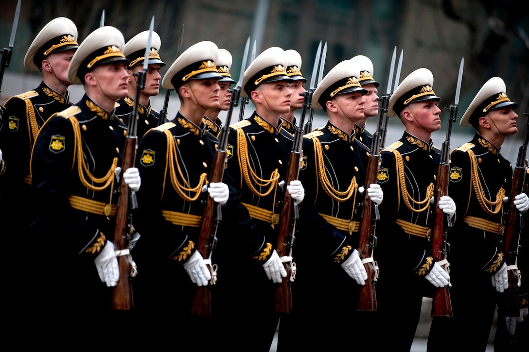 A Russian Naval Honor Guard welcomes U.S. Navy. Adm. Mike Mullen, chairman of the Joint Chiefs of Staff, to St. Petersburg, Russia, May 6, 2011.