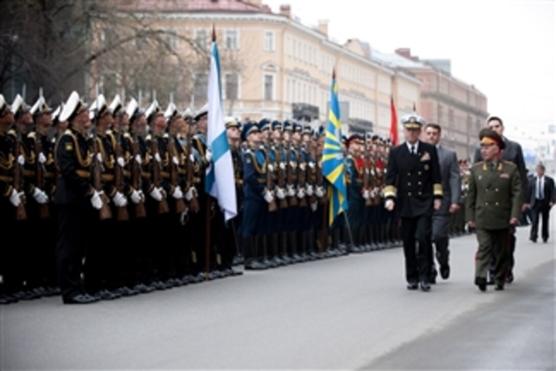 A Russian military honor guard welcomes Chairman of the Joint Chiefs of Staff Adm. Mike Mullen to St. Petersburg, Russia, on May 6, 2011.  Mullen is on a three-day trip to the country to meet with his counterpart Chief of the General Staff of the Armed Forces of Russia Gen. Nikolai Makarov.  