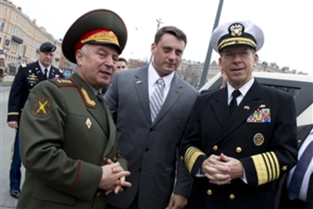 Chairman of the Joint Chiefs of Staff Adm. Mike Mullen is welcomed to St. Petersburg, Russia, by Chief of the General Staff of the Armed Forces of Russia Gen. Nikolai Makarov on May 6, 2011.  Mullen is on a three-day trip to the country to meet with his counterparts discussing issues of mutual interest.  