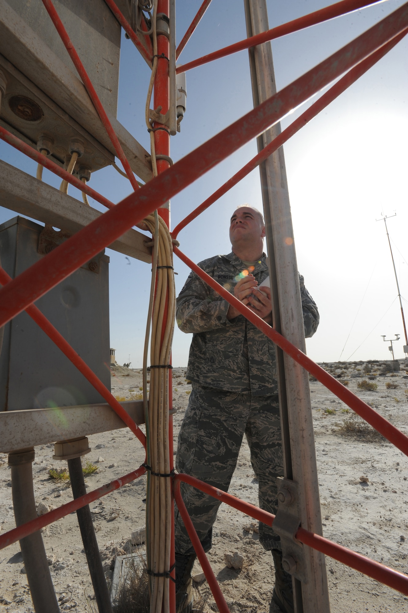 Master Sgt. Jason Ronsse, 380th Expeditionary Operations Support Squadron, cleans the temperature sensor on a FMQ-19 Automatic Observation System Mar. 11, 2011. The FMQ-19 gives the operator data on subjects such as temperature, wind speed and direction, atmospheric pressure, precipitation in the form of snow, freezing rain, or rain and lightning.  (U.S Air Force photo by Senior Airman Maynelinne De La Cruz)