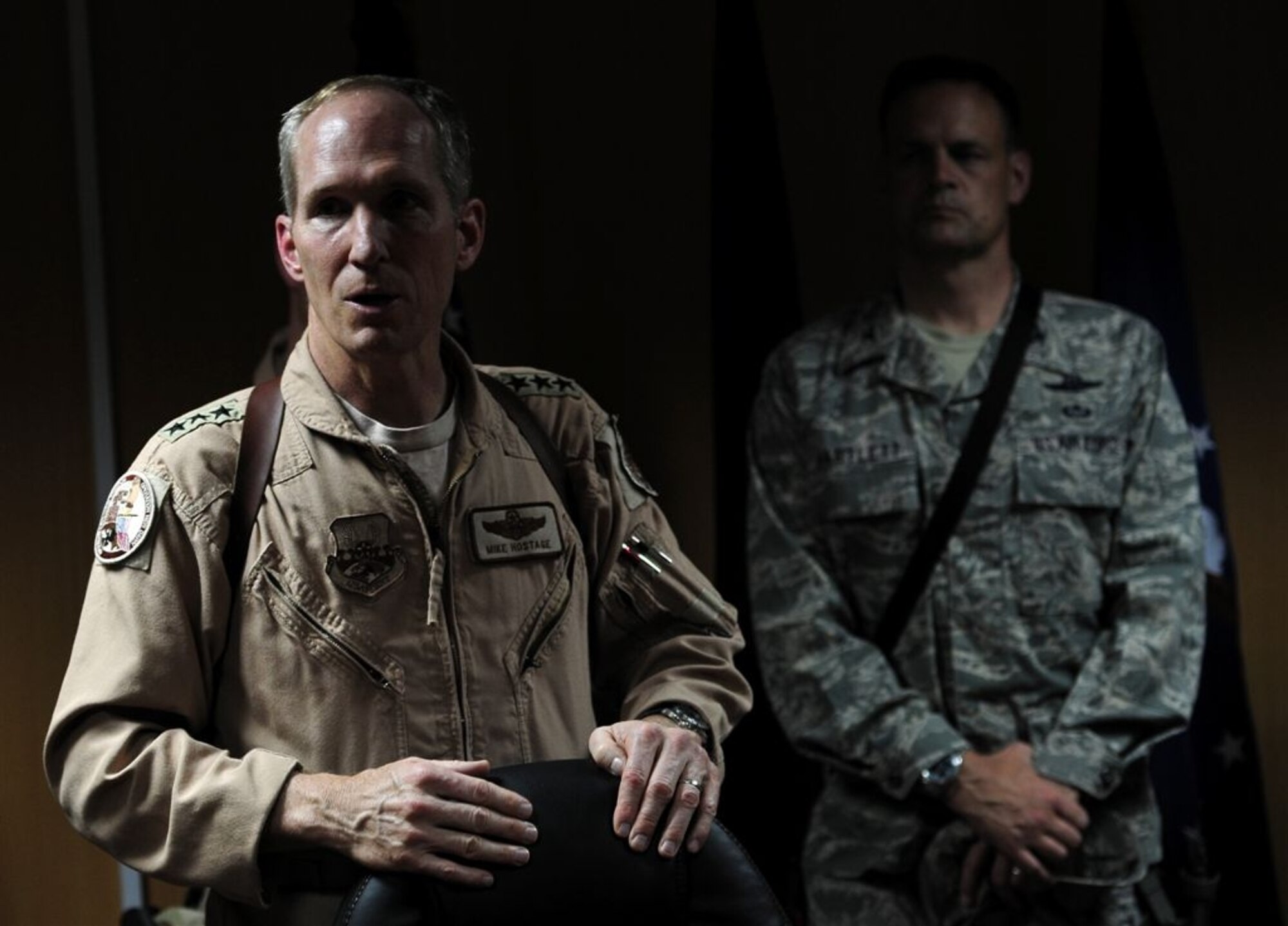 KABUL, Afghanistan – Lt. Gen.  Mike Hostage, Commander, U.S. Air Forces Central Command, addresses Airmen while visiting the 438th Air Expeditionary Wing.  General Hostage answered questions from coalition force members, toured the base and visited with senior leaders. (U.S. Air Force photo by Tech. Sgt. Brian E. Christiansen)