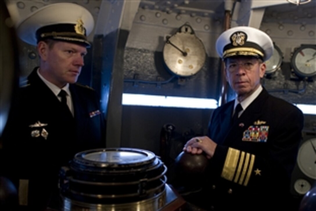 U.S. Navy. Adm. Mike Mullen, chairman of the Joint Chiefs of Staff, tours the Russian World War I era cruiser Aurora with Russian Navy Capt. Dmitry Korovin in St. Petersburg, Russia, May 7, 2011.  Mullen is on a three-day trip to the country to meet with his counterpart Gen. Nikolai Makarov, chief of the general staff of the Armed Forces of Russia.
