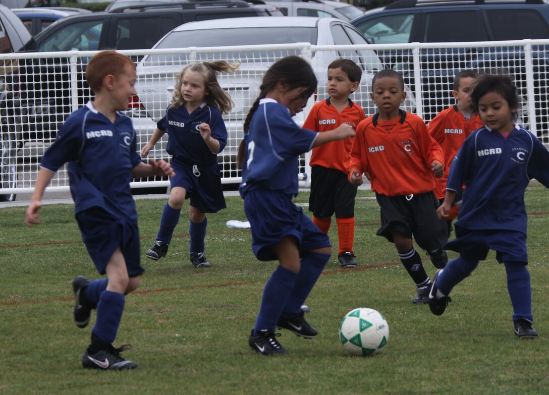 The Tigers take on the Little Blue Monsters in soccer May 7 at Marine Corps Recruit Depot San Diego. Marine Corps Community Service offers eleven different sports programs to the children of MCRD.
