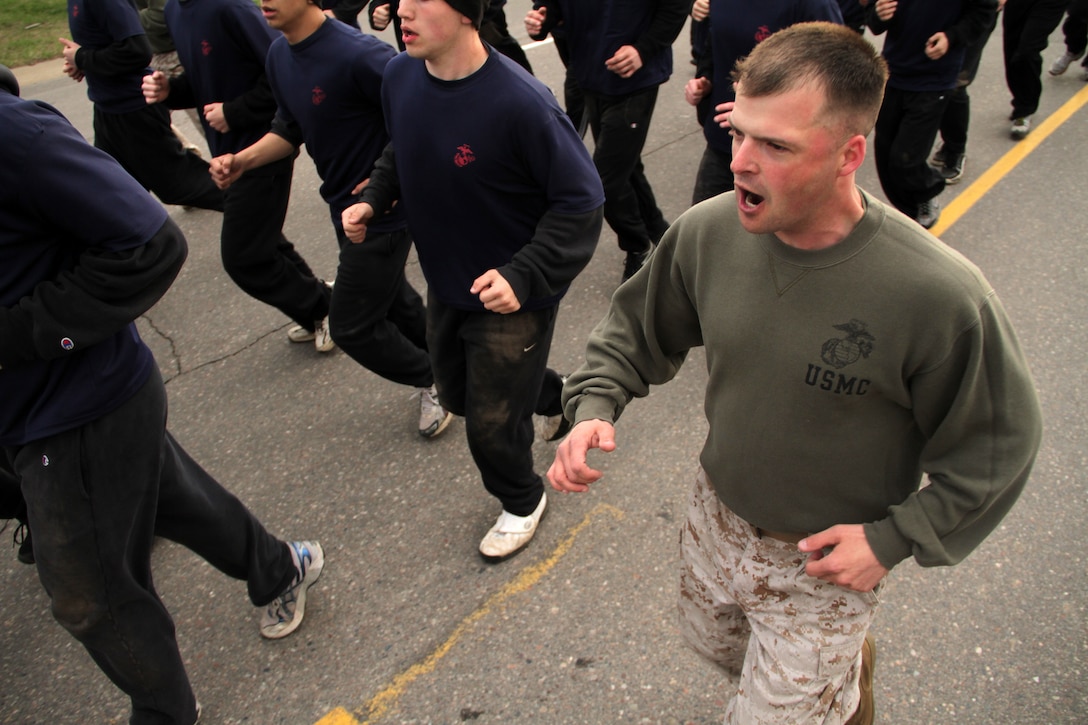 Recruiter Staff Sgt. Ross D. Larson, 28, from Montevideo, Minn., leads Recruiting Substation Sioux Falls during the mini boot camp moto run May 8. The Sioux Falls office brought 54 members of the Delayed Entry Program and guests to the three-day training evolution. For additional imagery from the event, visit www.facebook.com/rstwincities.