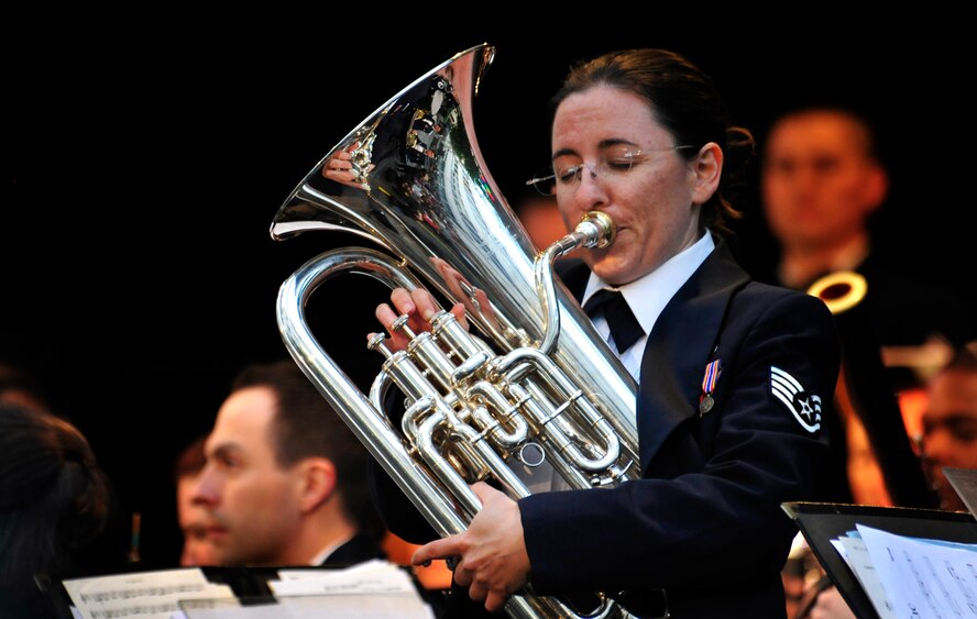 U.S. Air Force Staff Sgt. Meredith Healy, euphonium player and operations representative with the United States Air Forces in Europe Band, performs a solo during a concert,  Brno, Czech Republic, May 2, 2011. The USAFE concert band is on tour through three countries, performing at seven locations as part of a building partnerships capacity and community outreach initiative. (U.S. Air Force Photo by Tech Sgt. Jocelyn L. Rich)