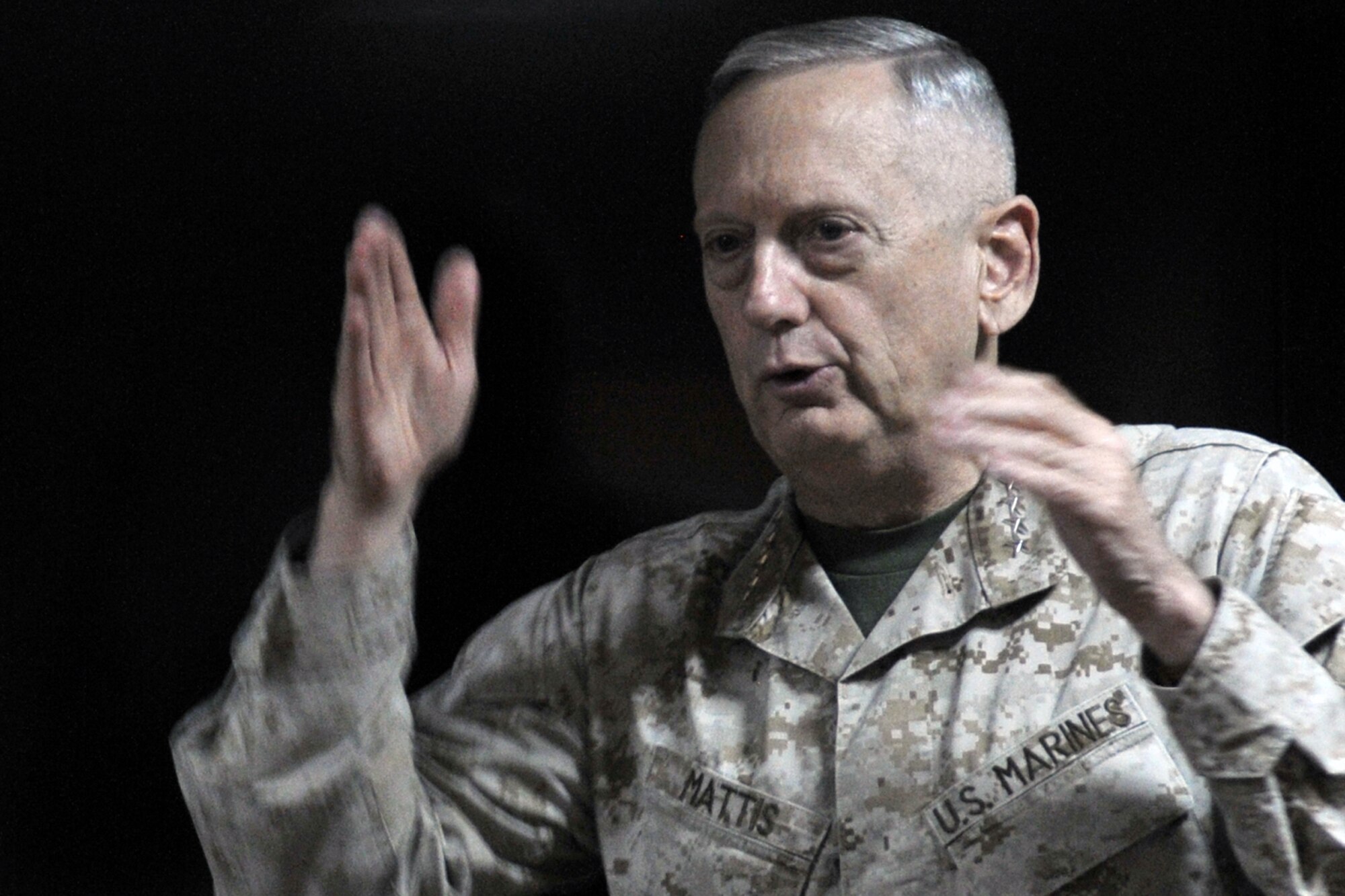 Kabul, Afghanistan. General James N. Mattis, the commander of United States Central Command, visits with Airmen of the 438th Air Expeditionary Wing in Kabul, following the tragic shooting where 8 Airmen and 1 contractor were killed. U.S. Air Force Photo by Tech. Sgt. Brian E. Christiansen.