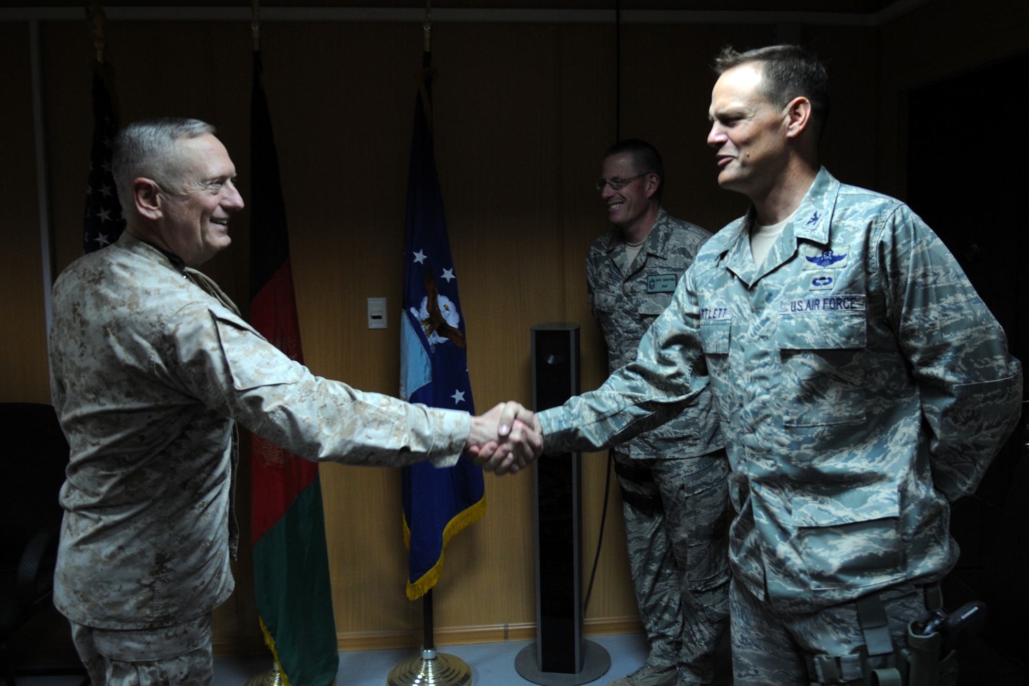 Kabul, Afghanistan. General James N. Mattis, the commander of United States Central Command, visits with Airmen of the 438th Air Expeditionary Wing in Kabul, following the tragic shooting where 8 Airmen and 1 contractor were killed. U.S. Air Force Photo by Tech. Sgt. Brian E. Christiansen.