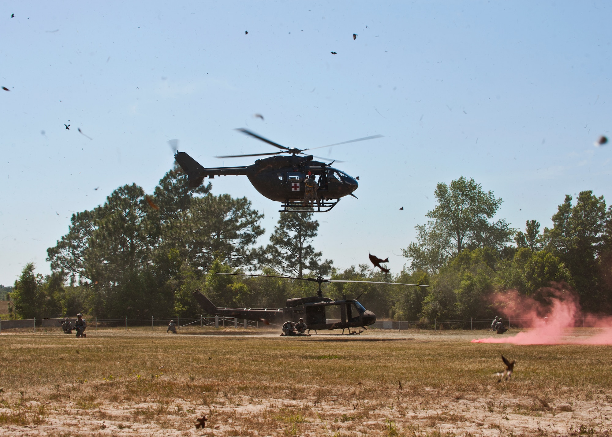 EGLIN AIR FORCE BASE, Fla. -- Dust and debris fly as an Army helicopter hovers over a downed pilot in one of demonstrations held during the 6th Ranger Training Battalion's  60th Anniversary Open House event, May 7.  The event was a chance for the public to learn how Rangers train and operate in extreme situations. The event displays showed dive equipment, weapons, a reptile zoo and zodiac boats.  The demonstrations showed off hand-to-hand combat, a parachute jump, a down-pilot scenario and others. (U.S. Air Force photo/Samuel King Jr.) 