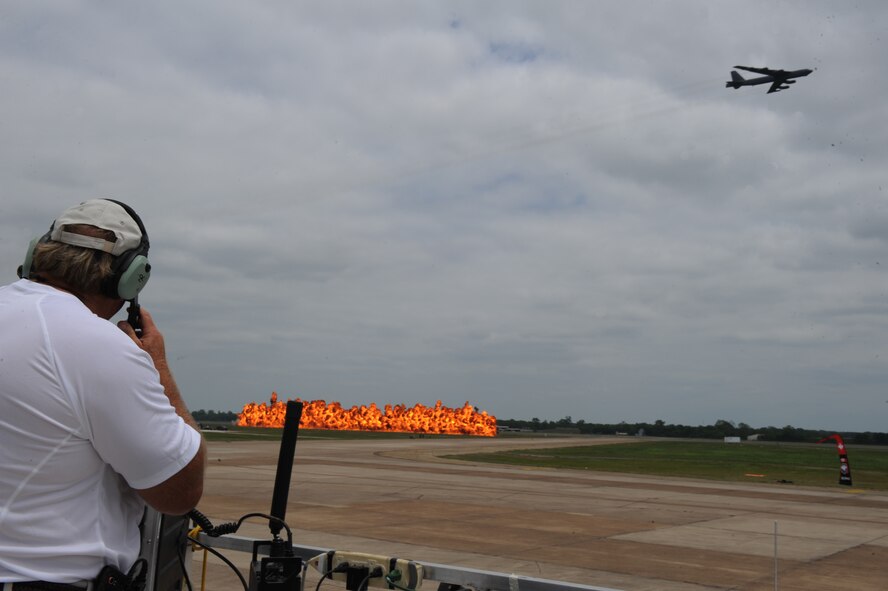 George Cline communicates with a B-52H Stratofortress during the 2011 Defenders of Liberty Air Show on Barksdale Air Force Base, La., May 8. Aircraft and parachute demonstrations, static displays and re-enactments were a few events held at this year's air show. (U.S. Air Force photo/Airman 1st Class Micaiah Anthony)