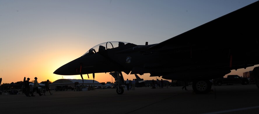An F-15 Eagle sits on the flighline as a static display during the Twilight Show on Barksdale Air Force Base, La., May 6. The Twilight Show was a special demonstration for military members and their families to enjoy prior to the Defenders of Liberty Air Show, which was open to the public May 7 and 8. (U.S. Air Force photo/Airman 1st Class Micaiah Anthony) (RELEASED)