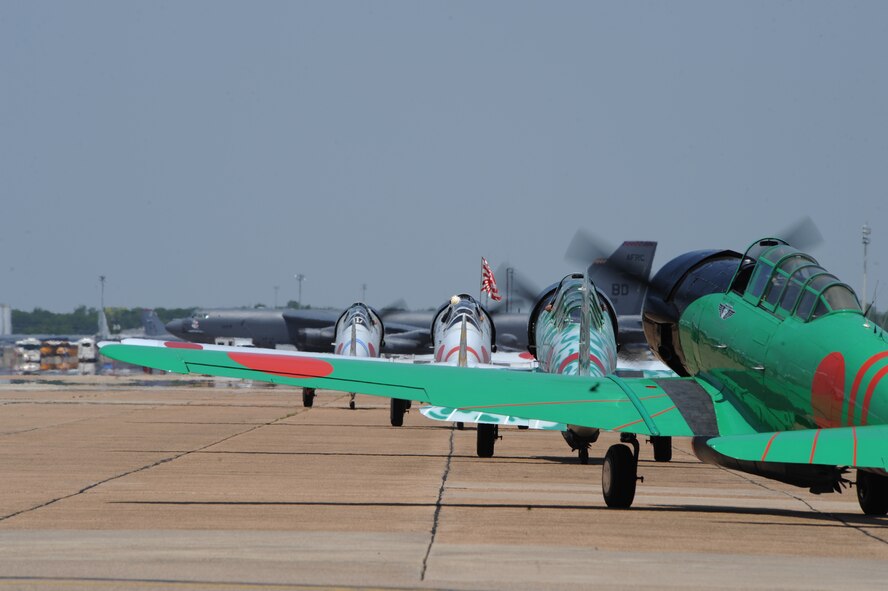 Tora! Tora! Tora! pilots taxi during the 2011 Defenders of Liberty Air Show on Barksdale Air Force Base, La., May 7. The team uses professional announcers, pyrotechnics, historic fighters and bombers to re-enact the Pearl Harbor attack. (U.S. Air Force photo/Airman 1st Class Micaiah Anthony)(RELEASED)