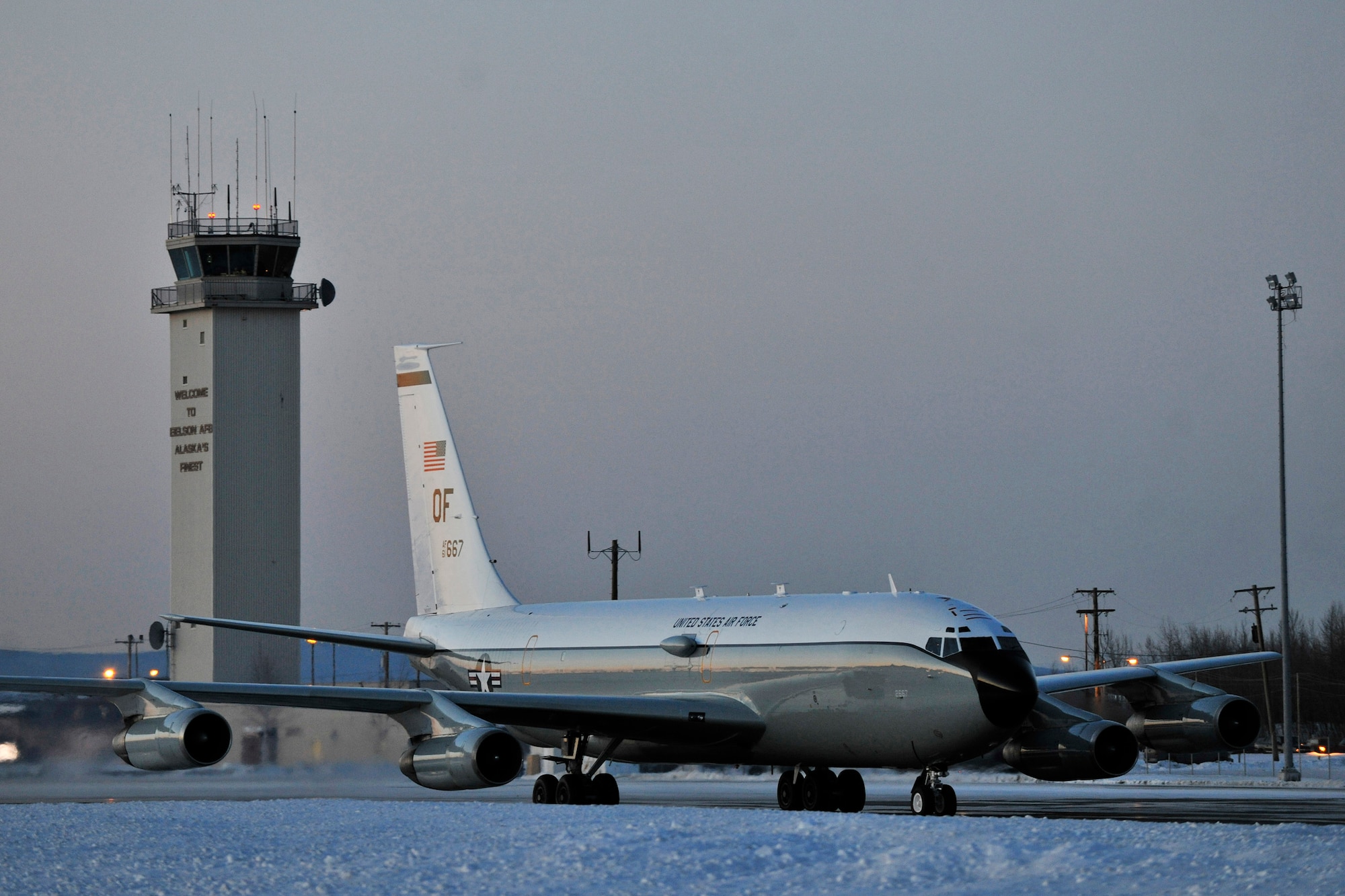EIELSON AIR FORCE BASE, Alaska -- A WC-135 Constant Phoenix from the 45th Reconnaissance Squadron taxis in on the flightline here after a mission supporting Operation Tomodachi. The WC-135 is an atmospheric collection aircraft that was tasked with collecting air samples in international airspace over the Pacific as part of the disaster relief effort in response to Japan?s March 11 earthquake and tsunami. The Constant Phoenix team was in Alaska for nearly six weeks. (Air Force photo by Staff Sgt. Christopher Boitz)
