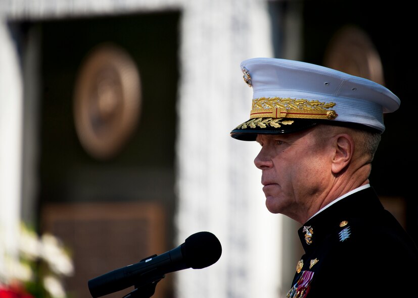 Commandant of the Marine Corps Gen. James F. Amos, was the guest speaker at this year’s Explosive Ordnance Disposal memorial ceremony May 7 at Eglin Air Force Base, Fla.  Fifteen new names were added to the memorial wall this year.  The total, which includes all services, now stands at 269.  The Marine Corps added eight names to their wall this year. (U.S. Air Force photo/Samuel King Jr.)